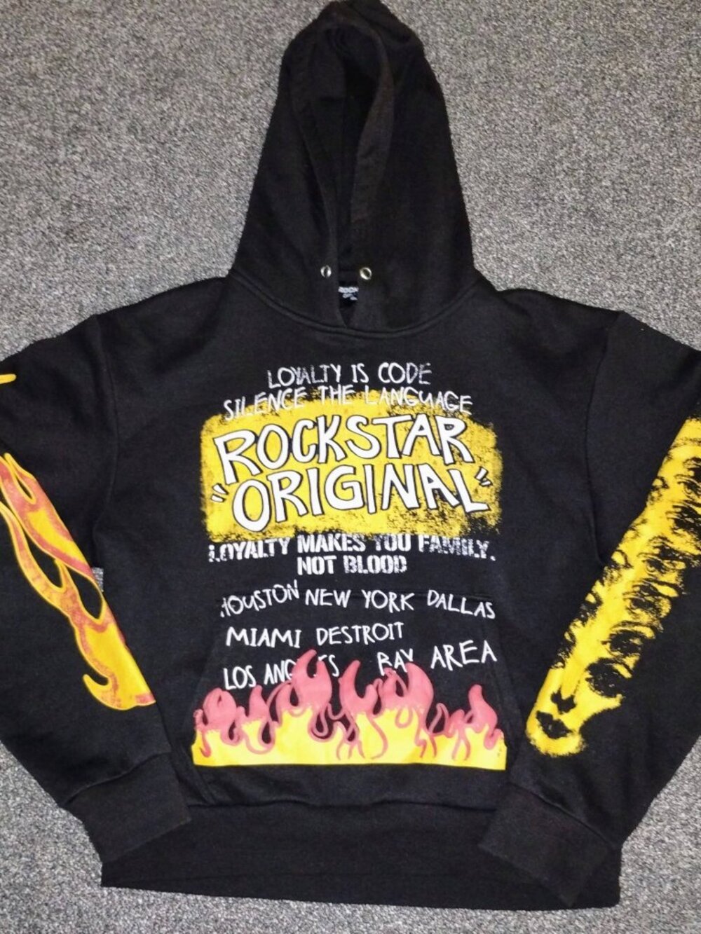 Rockstar Original Beno Pullover Hoodie Unisex Black Distressed Graphic Flames L